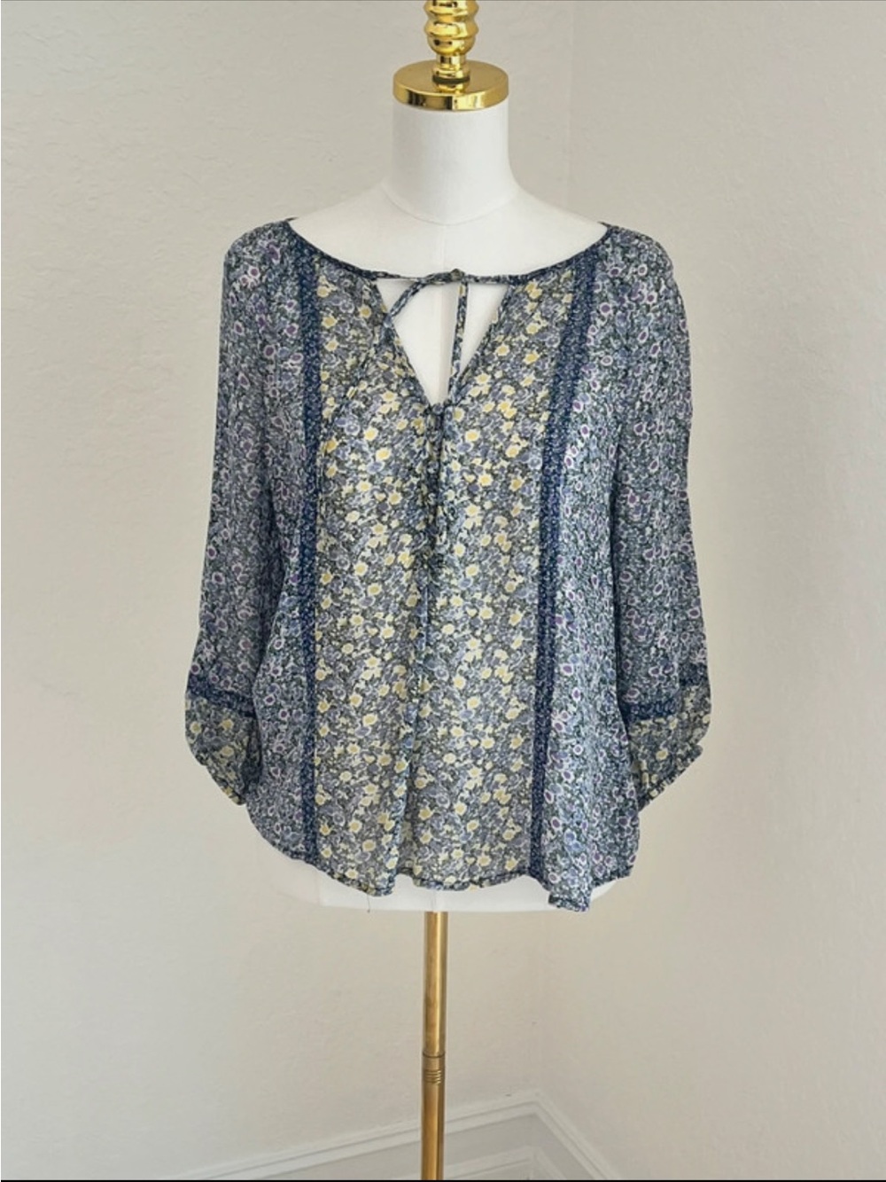 Joie Blue Floral Split-Neck Peasant Blouse